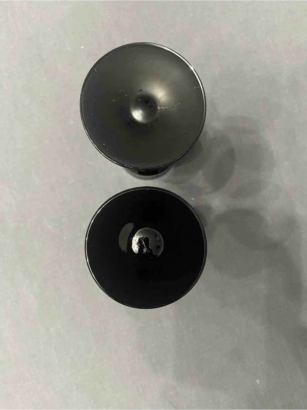 AMERICAN MANOR 2 ebony black glass cordial liqueur stemware amethyst MCM 1960-70